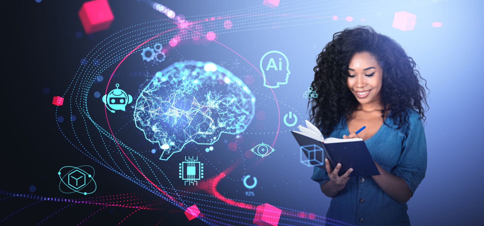 Woman reading book with digital brain hologram.